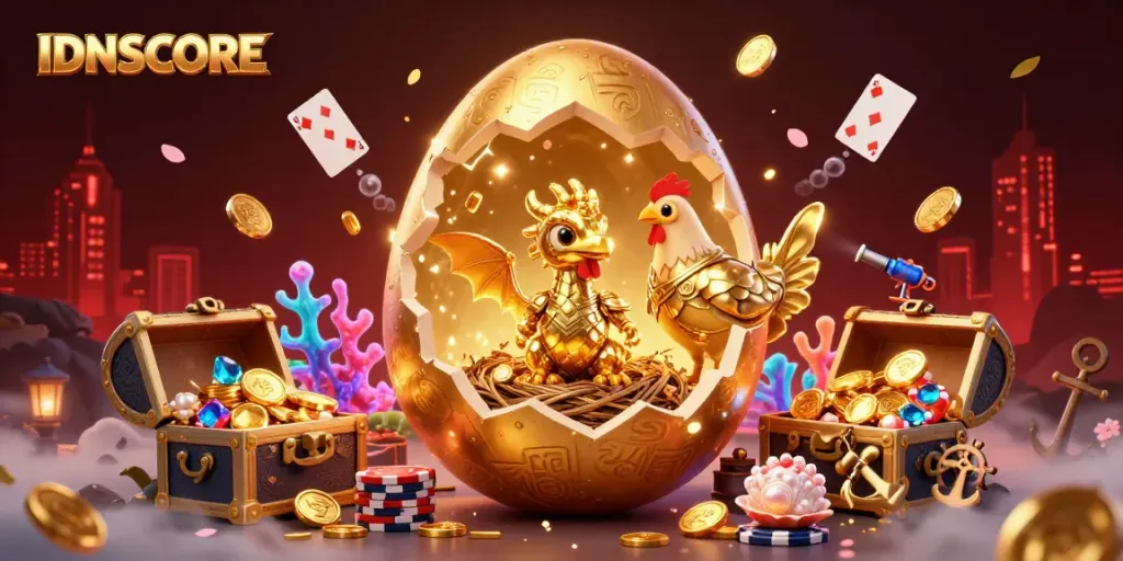 Experience IDNSCORE's thrilling action with a golden dragon and poker chips amidst treasures and vibrant casino elements.