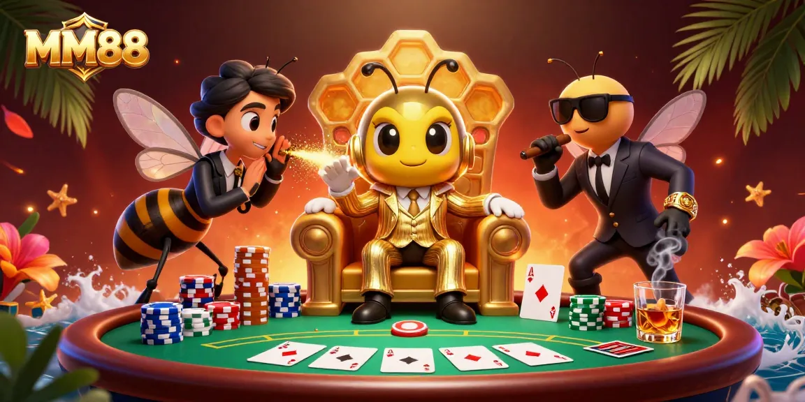 Experience MM88's thrilling poker scene with a cartoon mob boss and dazzling chips