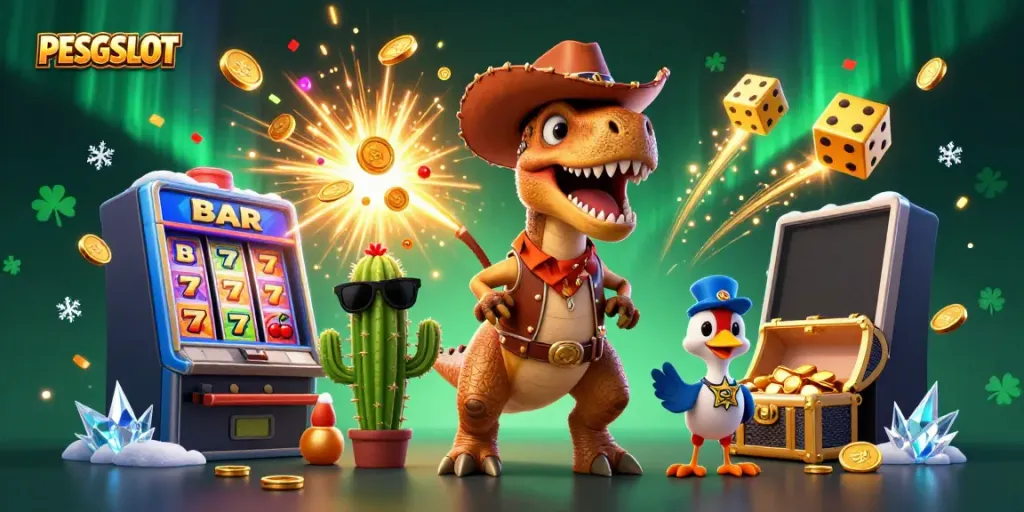 Permainan slot PESGSLOT dengan karakter dinosaurus dan simbol keberuntungan yang menarik.