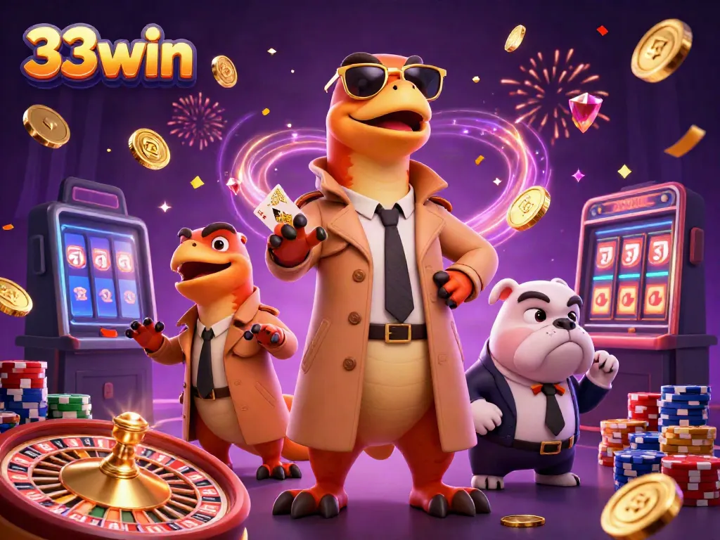 33win's exciting casino scene with cartoon raptors and vibrant gambling elements for gamers.