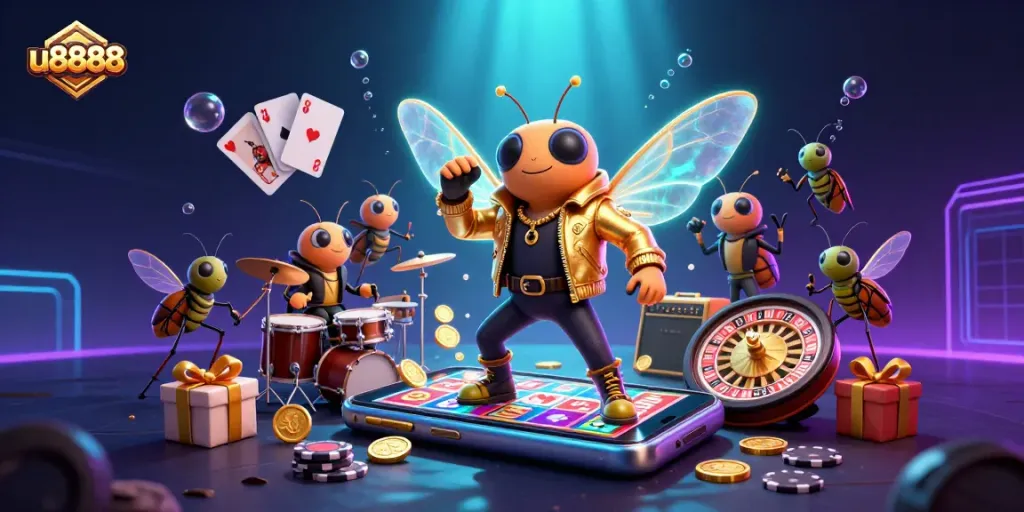 u8888 casino attractions come to life with energetic characters, slot games, and golden coins.