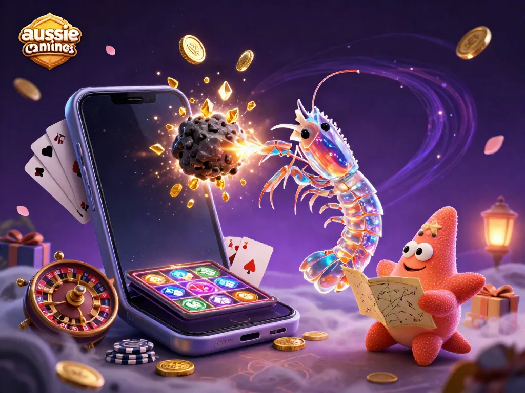 A galactic samurai mantis shrimp and starfish explore, showcasing aussie online casinos with vibrant game elements.