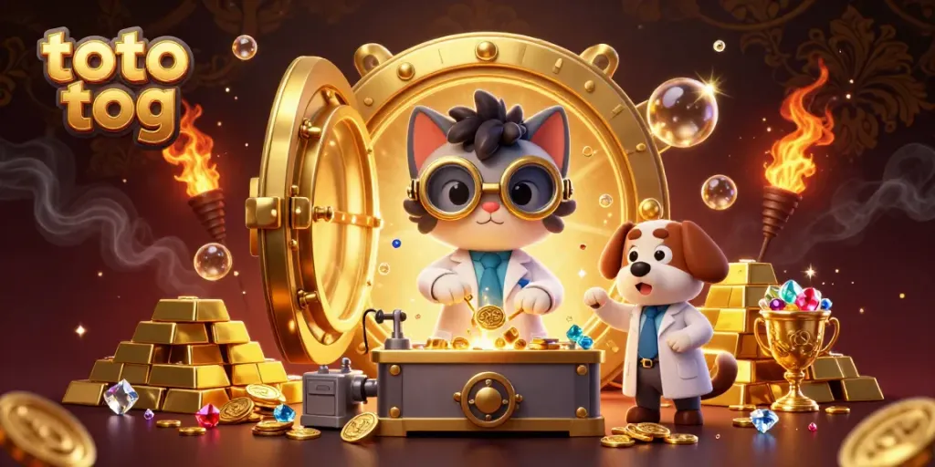 Experience thrilling gameplay with toto tog, featuring colorful cartoon characters amidst a gold-filled casino scene.
