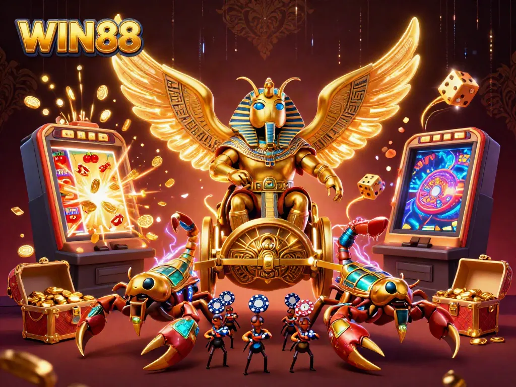 WIN88: Enjoy massive jackpots and thrilling games with a vibrant casino illustration.