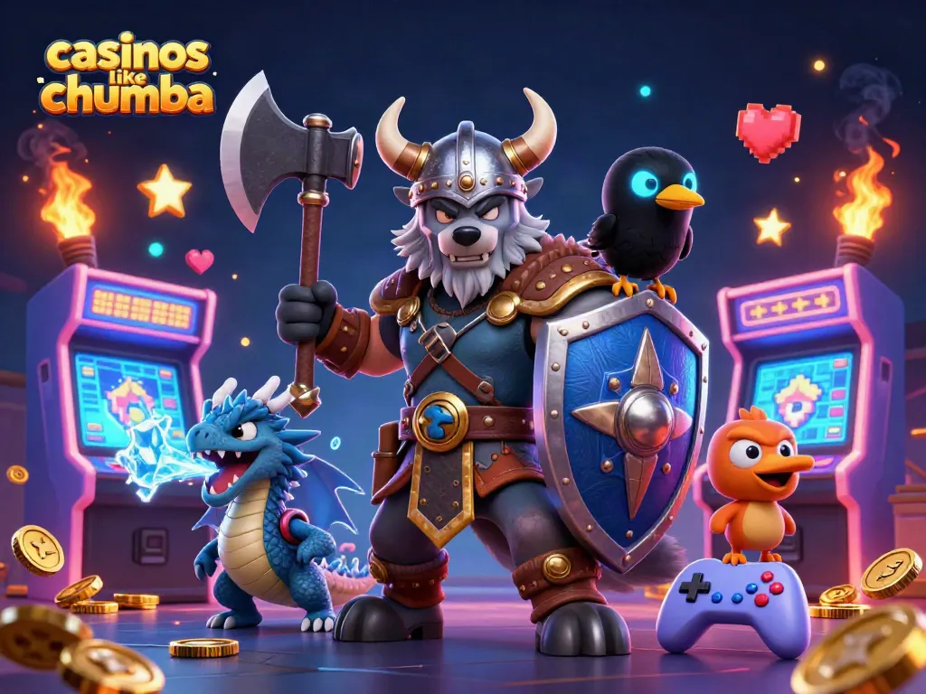 Engage in thrilling adventures with casinos like Chumba, featuring interactive game characters and vibrant casino elements.