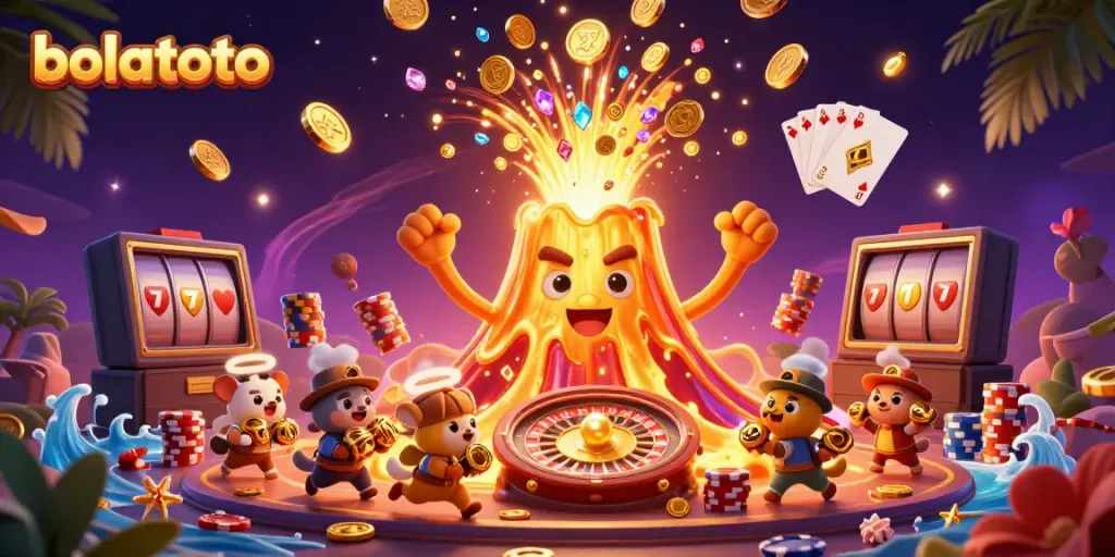 Experience bolatoto excitement with a vibrant 3D scene featuring a golden volcano and treasures.