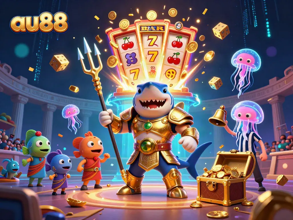 Experience the excitement of au88 with a dynamic underwater casino scene featuring a gladiator shark among jackpot treasures.