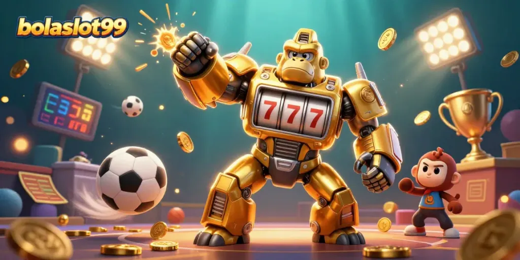Engage in exciting gameplay with bolaslot99 featuring a golden gorilla mech and dynamic sports elements.