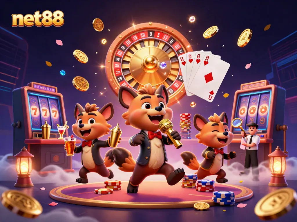 Engage with net88's vibrant casino atmosphere featuring animated hyenas in a bustling environment filled with excitement.