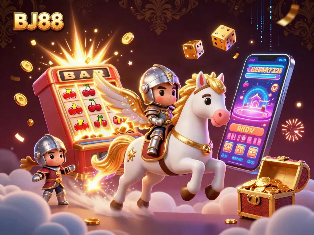 BJ88 captures the thrill of winning with a vivid 3D depiction of a heavenly horse and knight, amidst exciting casino symbols and games.