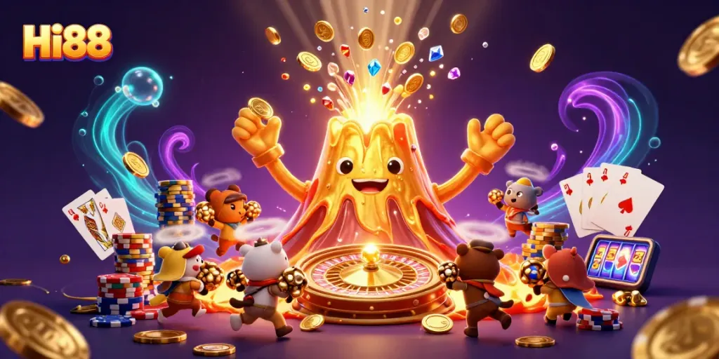 Experience high-stakes excitement with Hi88's vibrant casino atmosphere, featuring dynamic elements of joy and treasure.