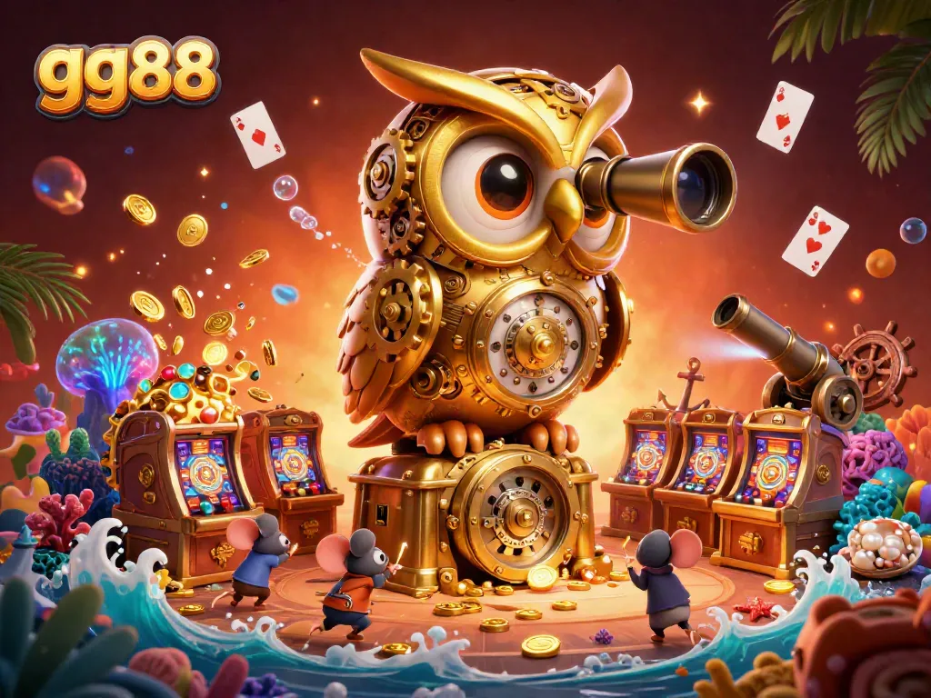 Experience excitement at gg88 with a golden owl observing a bustling casino scene filled with treasures.