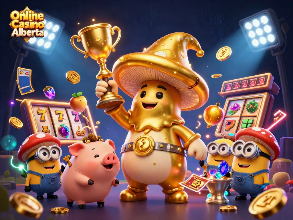 Experience the magic of Online Casino Alberta with a golden mushroom wizard and dynamic casino elements.