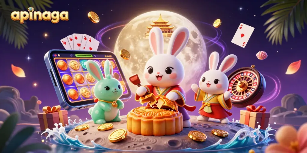 Experience the apinaga excitement with an enchanting moon rabbit theme in this vibrant casino illustration.