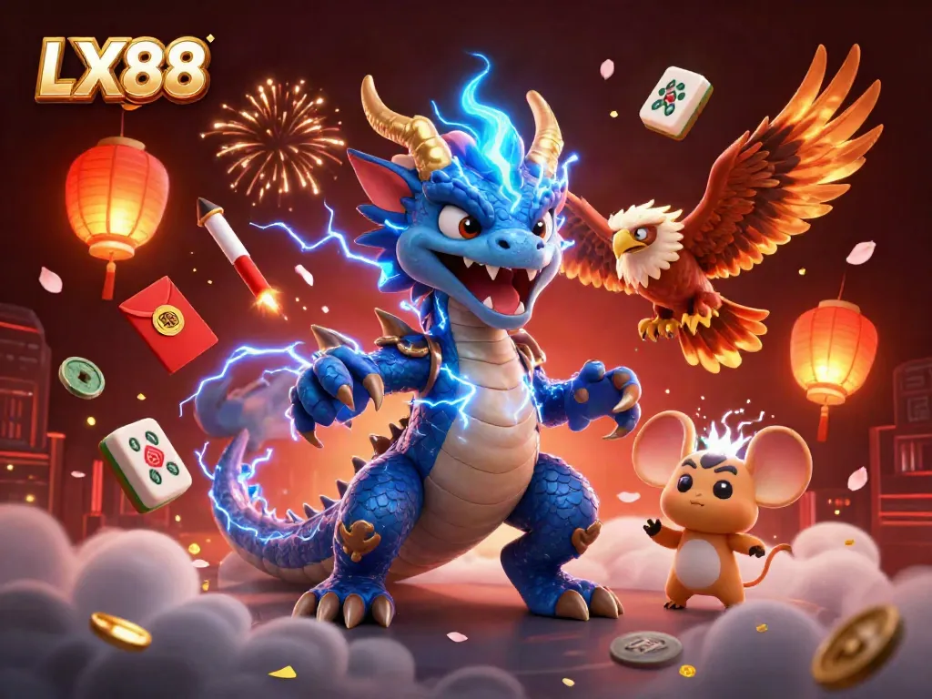 Experience thrilling gameplay at LX88 with dynamic cartoon dragon and hawk characters amidst vibrant casino elements.