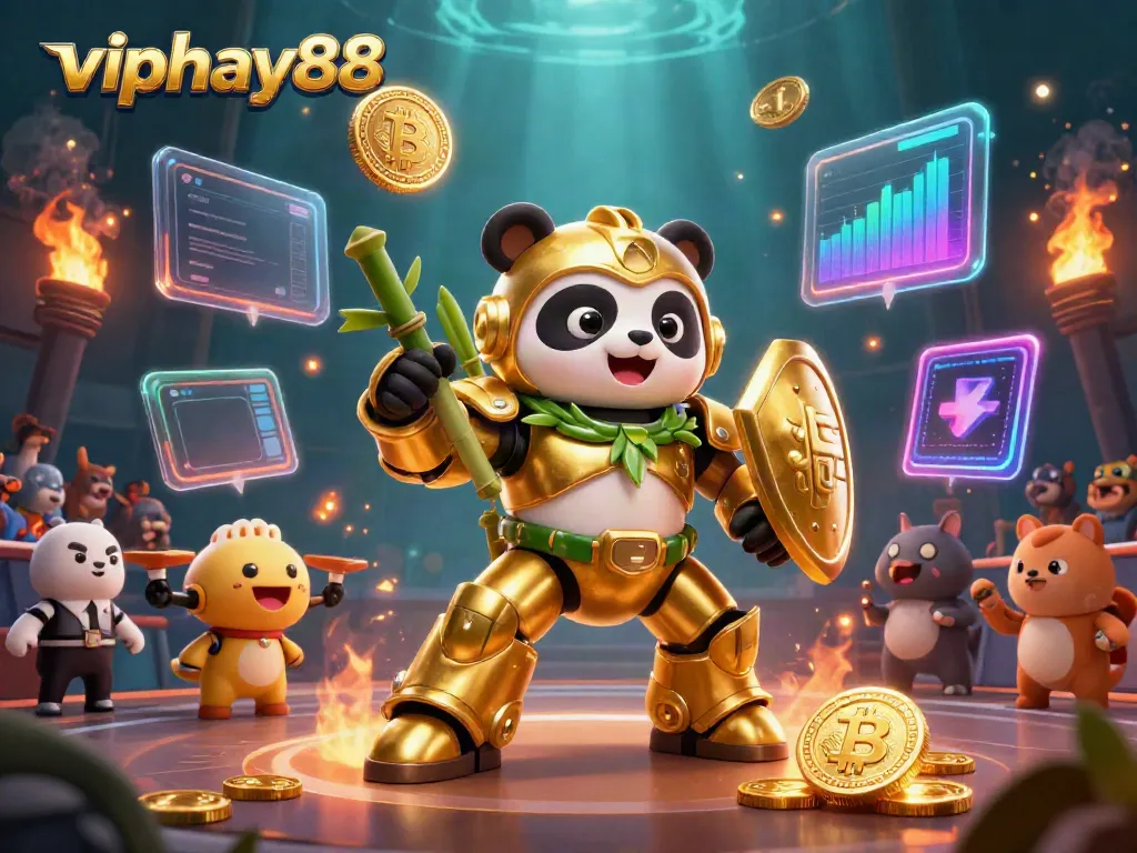Engage with viphay88 in a vibrant 3D arena featuring a golden panda robot surrounded by crypto-themed elements.