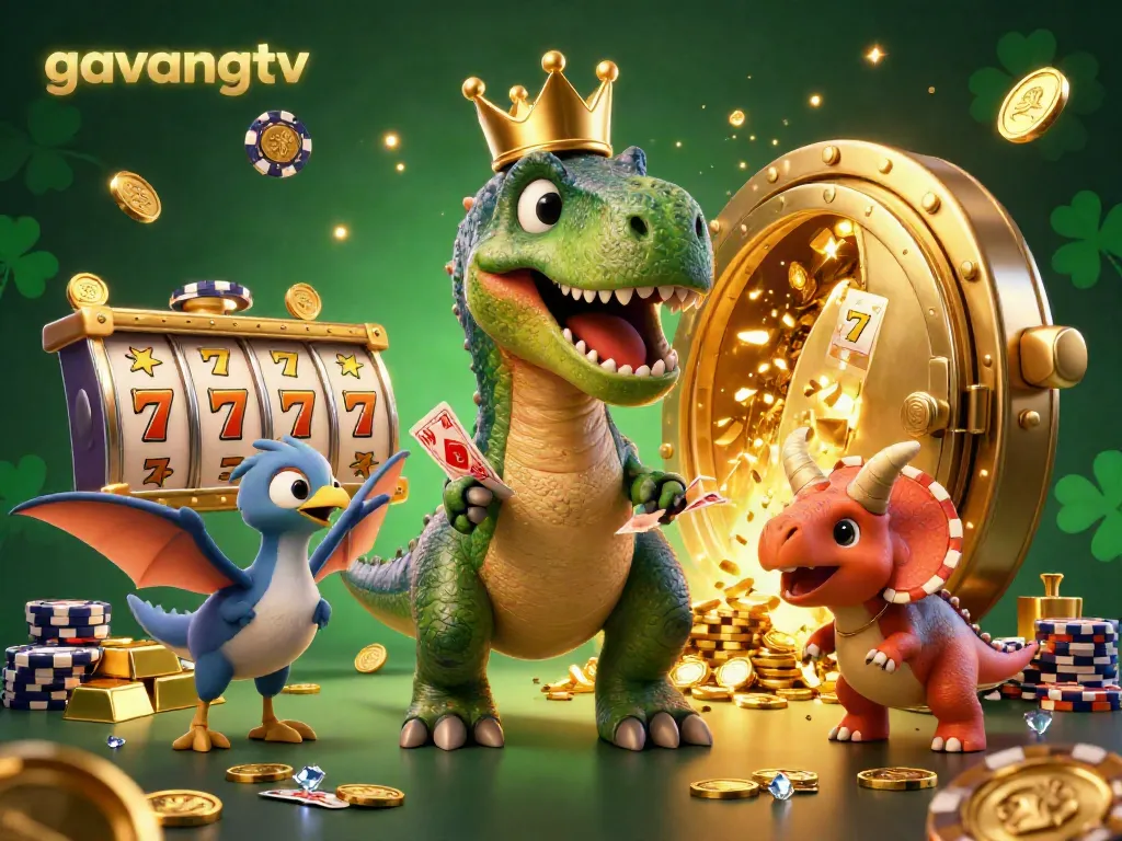 Experience thrilling gambling action with the friendly T-Rex at gavangtv, showcasing exciting slot reels and gold treasures.