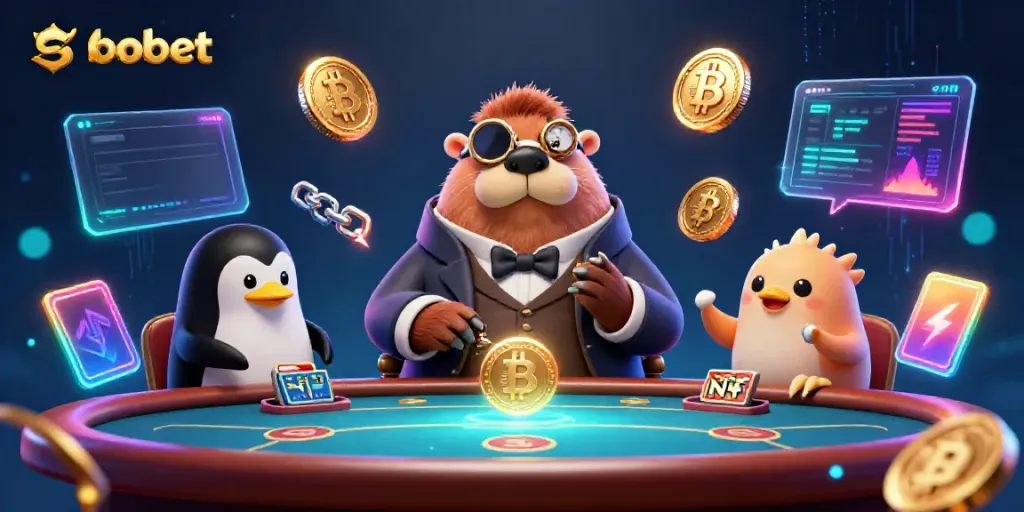 Engage in sbobet betting with a playful walrus and friends at an underwater poker table.