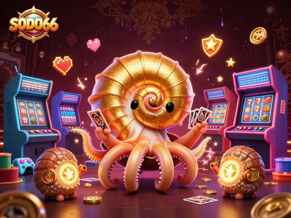 SODO66 showcases vibrant casino gameplay with a nautilus roulette wheel and glowing game elements.