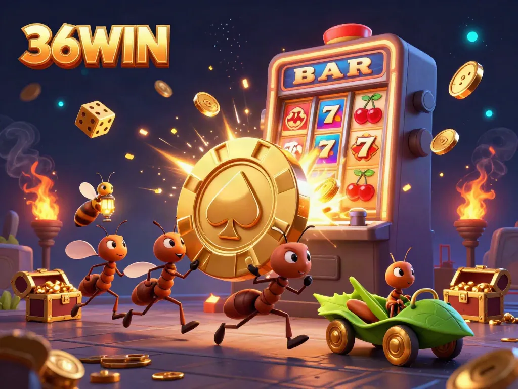 Experience the excitement of 36WIN casino with a vibrant heist scene filled with golden chips and slot machines.