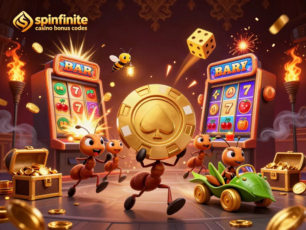 Experience spinfinite casino bonus codes with a heist scene featuring ants, slots, and gold!