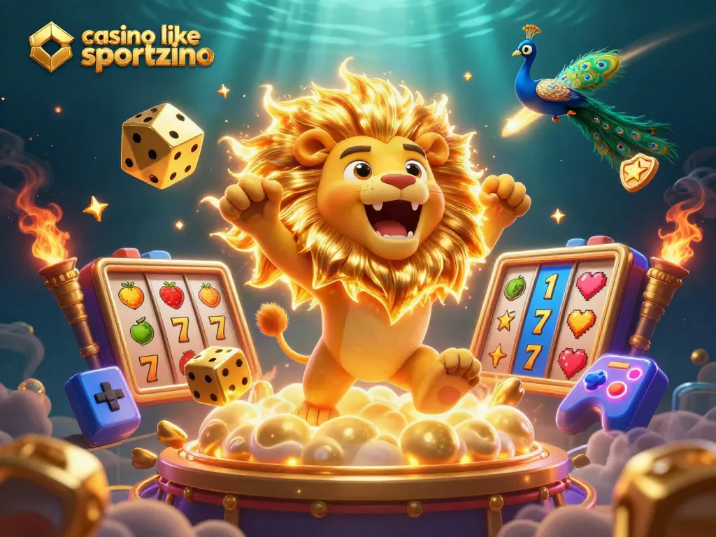 Play thrilling games at casinos like Sportzino with a vibrant 3D illustration showcasing golden dice and a roaring sun lion.