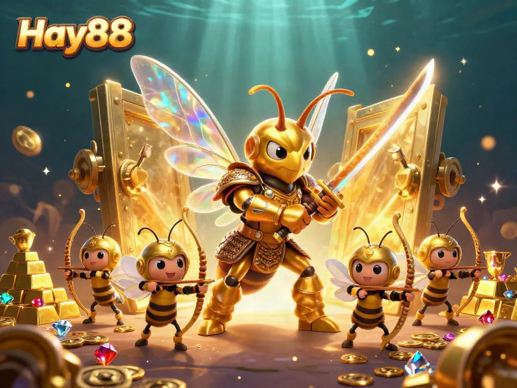 Engage with the vibrant Hay88 online gambling scene featuring a dynamic golden hornet and treasure elements.