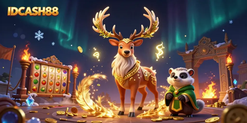 A dynamic scene showcasing IDCASH88 with a druid stag and a badger amidst slot reels and golden coins.
