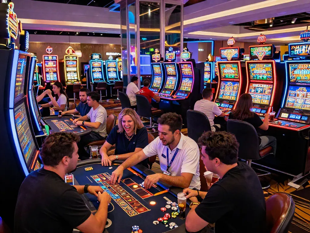 Casino News highlights excitement on the gaming floor with diverse players enjoying various games and vibrant atmosphere.