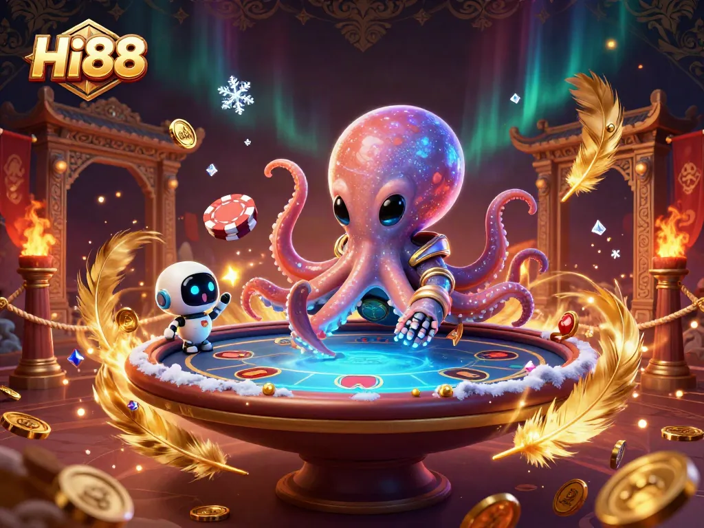 Experience thrilling gameplay at Hi88 with a colorful alien octopus at a holographic poker table.