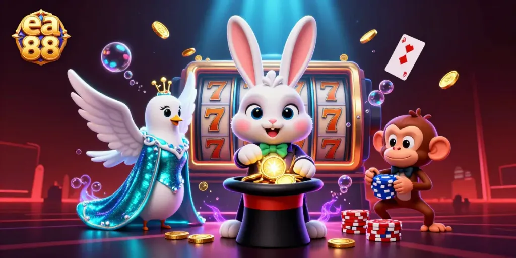 Win big with ea 88: 3D magician rabbit showcases thrilling casino excitement in an enchanting scene.