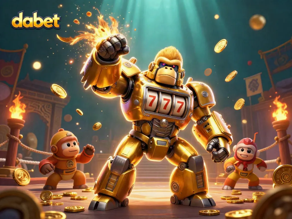 Dabet casino experience with a golden gorilla mech punching upward, surrounded by coins and dynamic gaming elements.