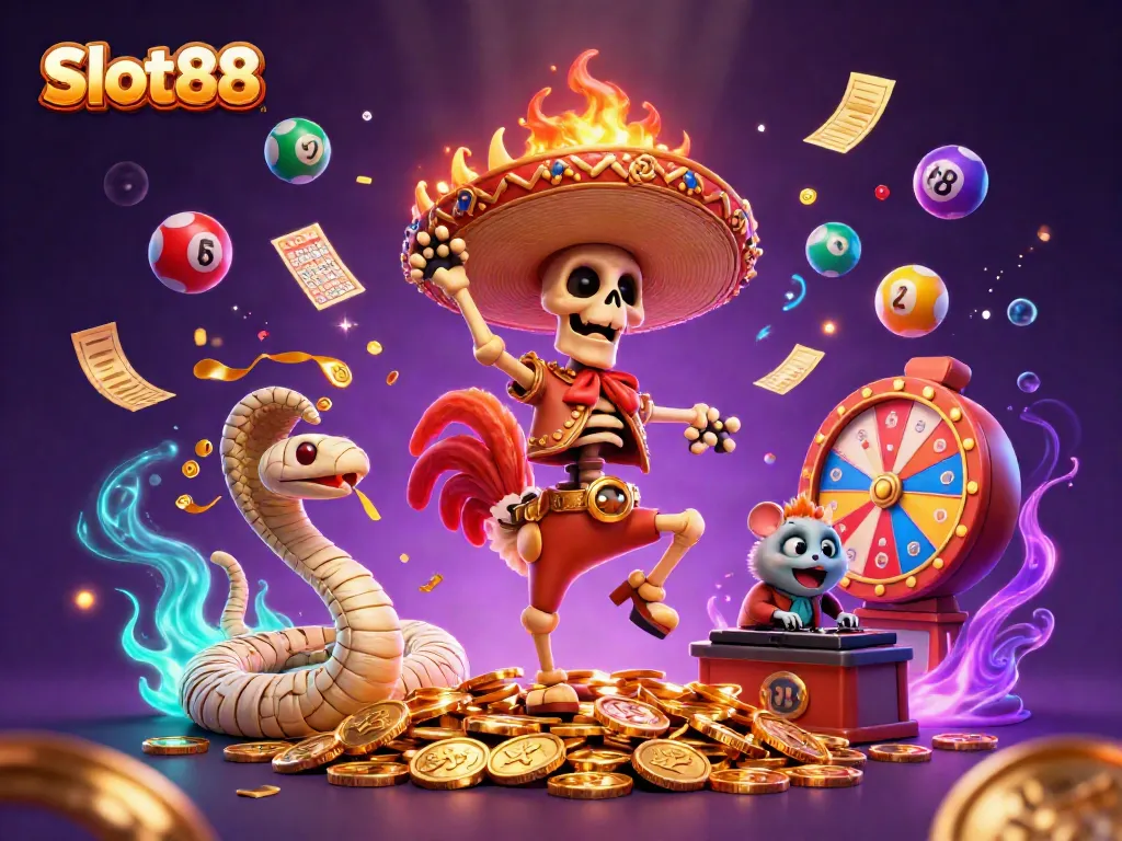 Celebrate wins with Slot88 featuring vibrant casino elements and animated characters.