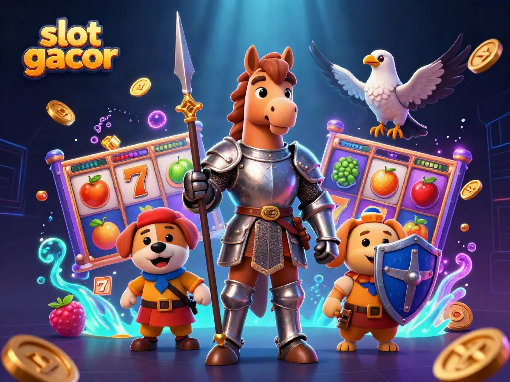 Engaging slot gacor illustration with knights and casino themes, showcasing vibrant dynamic elements.