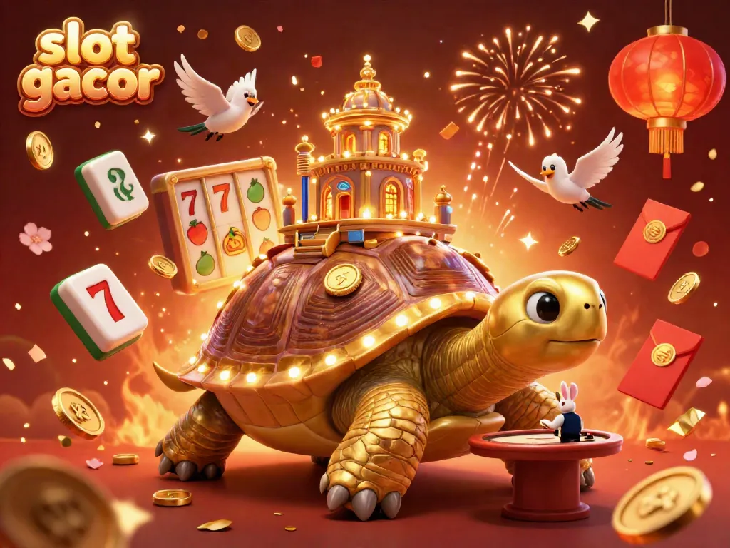 Spin and win on slot gacor with an enchanting scene of 3D tortoise casino and vibrant decorations.