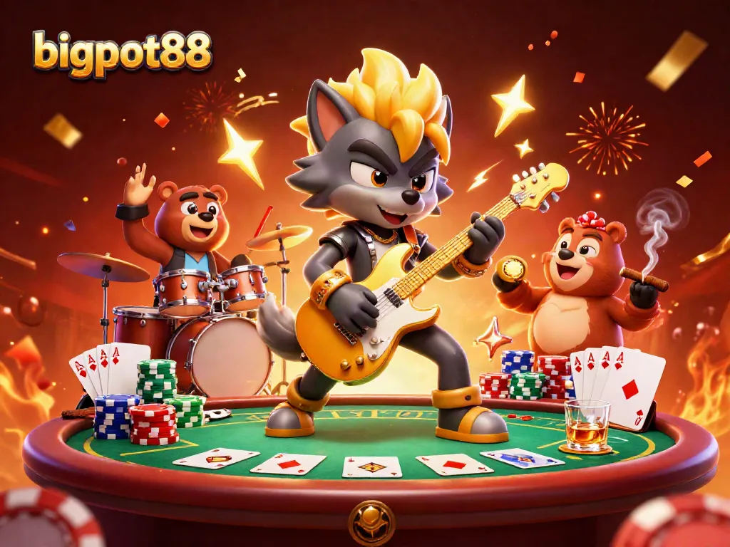 bigpot88 menghadirkan suasana kasino yang meriah dengan wolf rockstar dan beruang drummer.