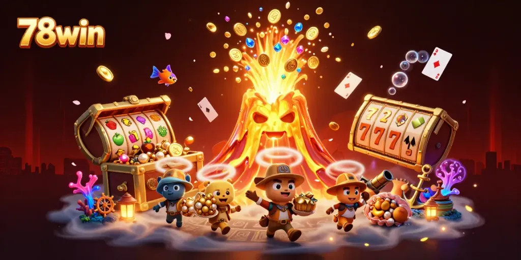 Engage with 78win's thrilling slot adventures as golden coins erupt from a volcano amidst rich gaming elements.