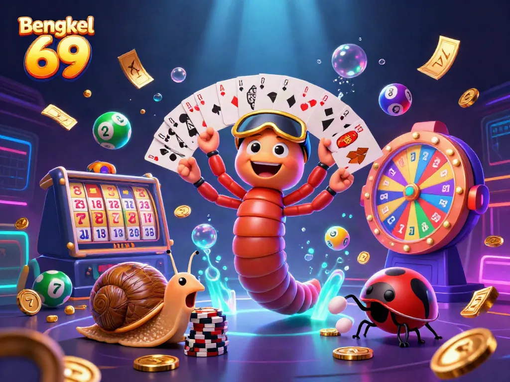 Bengkel 69 showcases a vibrant scene of a millipede dealer and snail high-roller amid dynamic slot game elements.