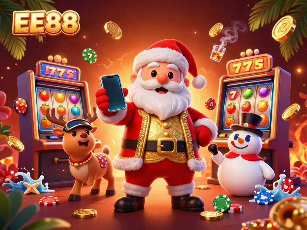 Engage with EE88 at an exciting casino scene featuring Santa and friends enjoying jackpot slots.