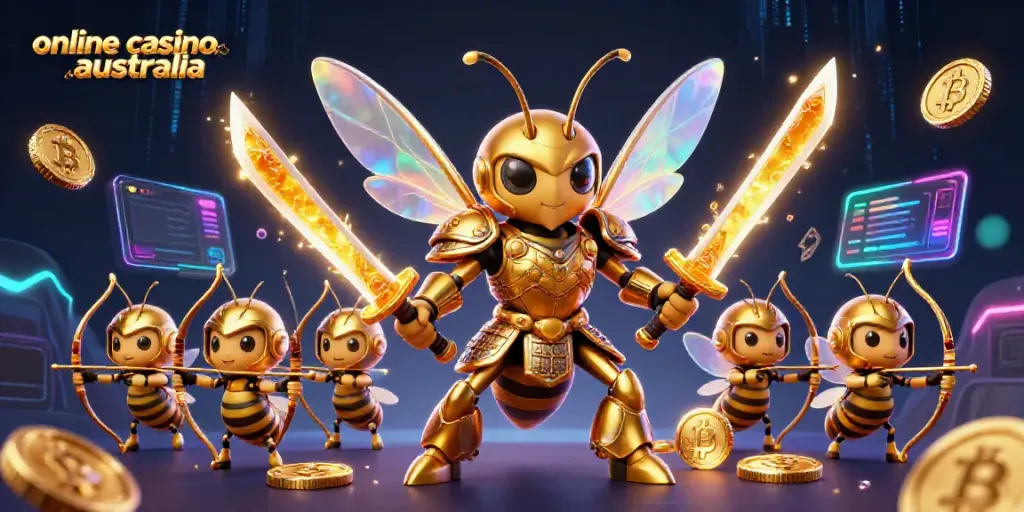 Exciting scene of online casinos Australia with a giant golden hornet in battle armor and bee archers, promoting diverse casino games.