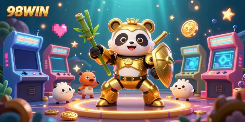 Engage in thrilling underwater gaming action with 98WIN featuring a mech-suited panda battling in a vibrant arena.