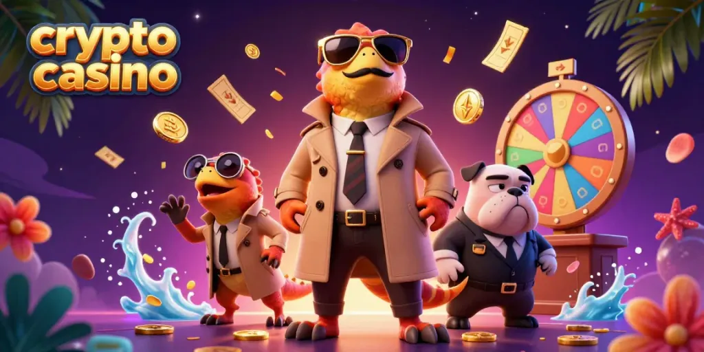Experience the vibrant scene at a crypto casino featuring playful raptors and a bouncer amidst flying Bitcoin!