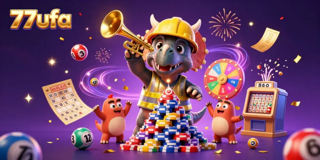 Experience the excitement of 77ufa with a playful 3D scene featuring a triceratops and a parasaurolophus celebrating gaming.