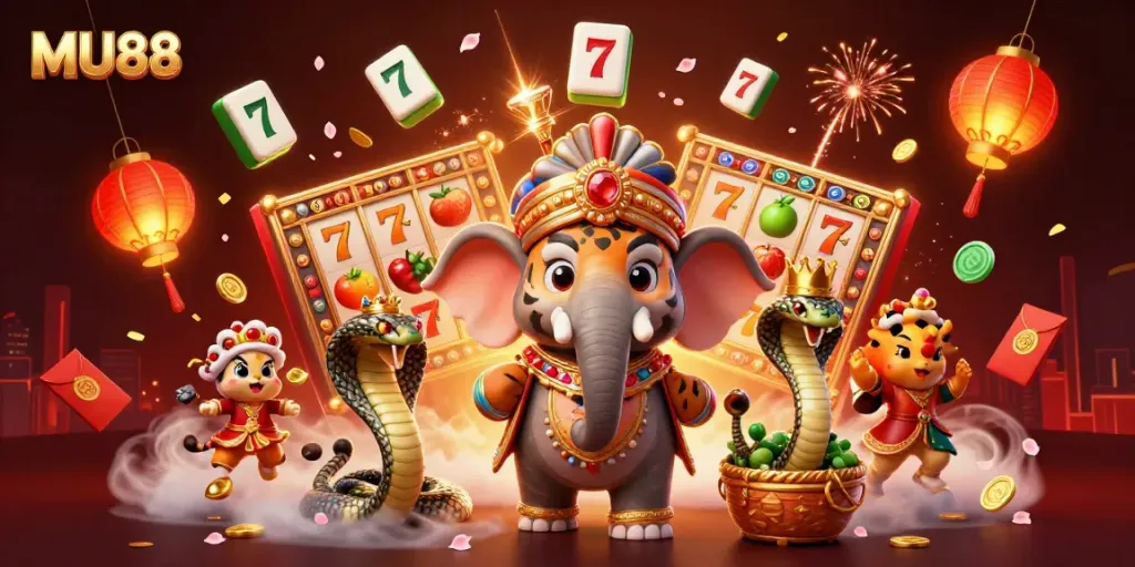 Engage with MU88 slots, featuring vibrant characters and dazzling casino elements in action.