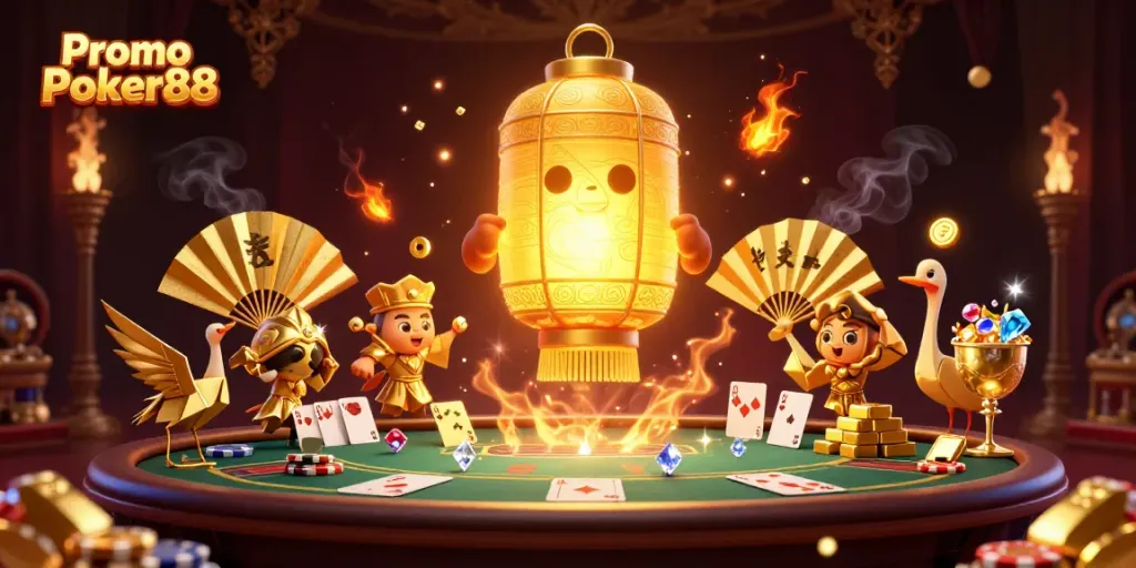 Engage with Promo Poker88 in a vibrant casino scene featuring poker elements and glowing treasures.