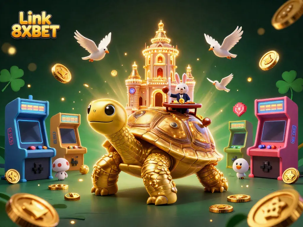 Engage in thrill with Link 8XBET featuring golden tortoise casino palace, rabbit dealer, and flying coins.