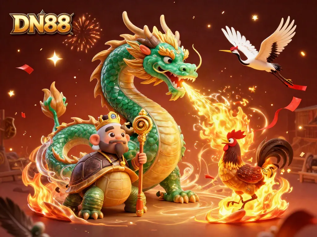 Experience the thrill of cockfighting on DN88, featuring a jade dragon and vibrant celebration elements.