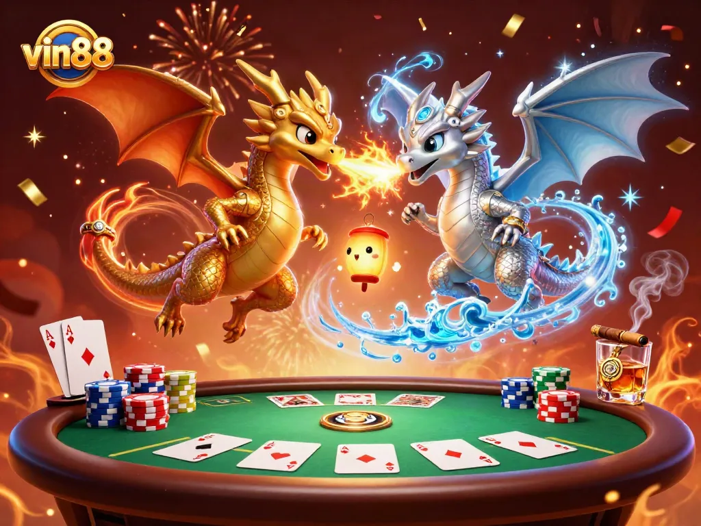 Experience thrilling gameplay at vin88 with a gold and silver dragon duel amidst a vibrant casino setting.