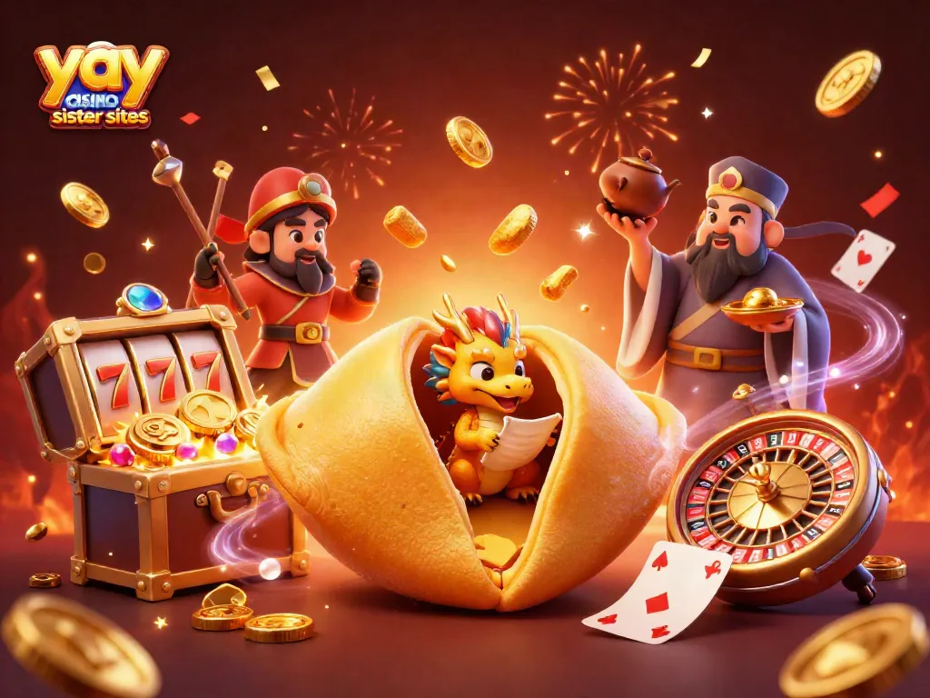 Play exciting games at yay casino sister sites with a colorful illustration of fortune cookies and gold