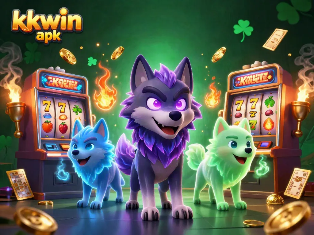 Experience thrilling wins with the KKWIN apk in a vibrant casino scene featuring dynamic slot machines and glowing characters.